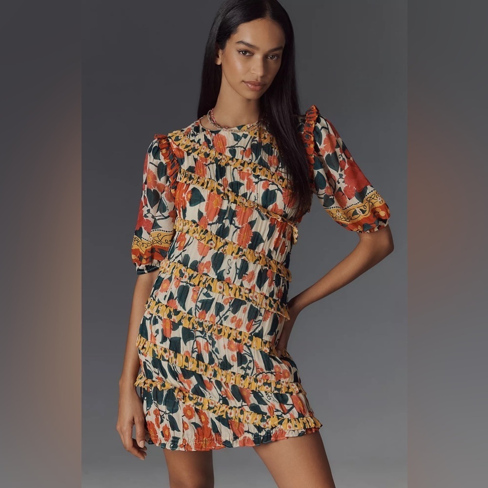 NWT! Farm Rio x Anthropologie Puff-Sleeve Fitted Mini Dress ❄️